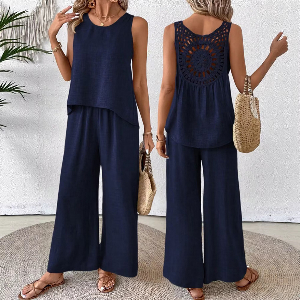 Women’s Summer Crochet Back Two-Piece Set – Relaxed Sleeveless Outfit