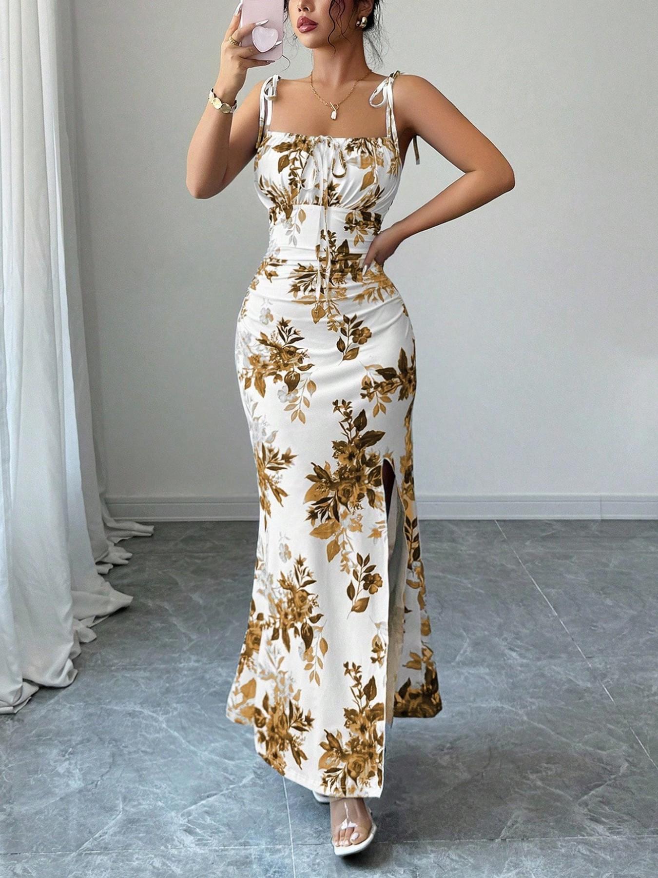 New Women's Fine Strap Bow Waist Ruched Hem Slit Design Dress, Casual Fitted Party Daily Wear, Tall Slimming Elegant Dress