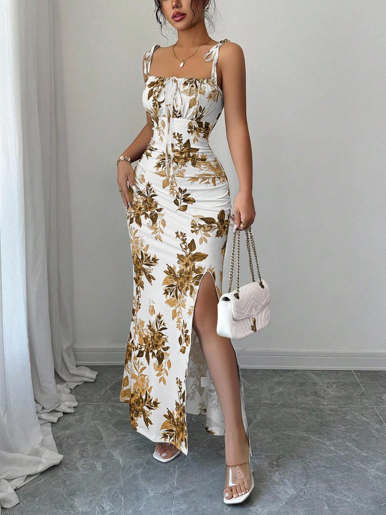 New Women's Fine Strap Bow Waist Ruched Hem Slit Design Dress, Casual Fitted Party Daily Wear, Tall Slimming Elegant Dress