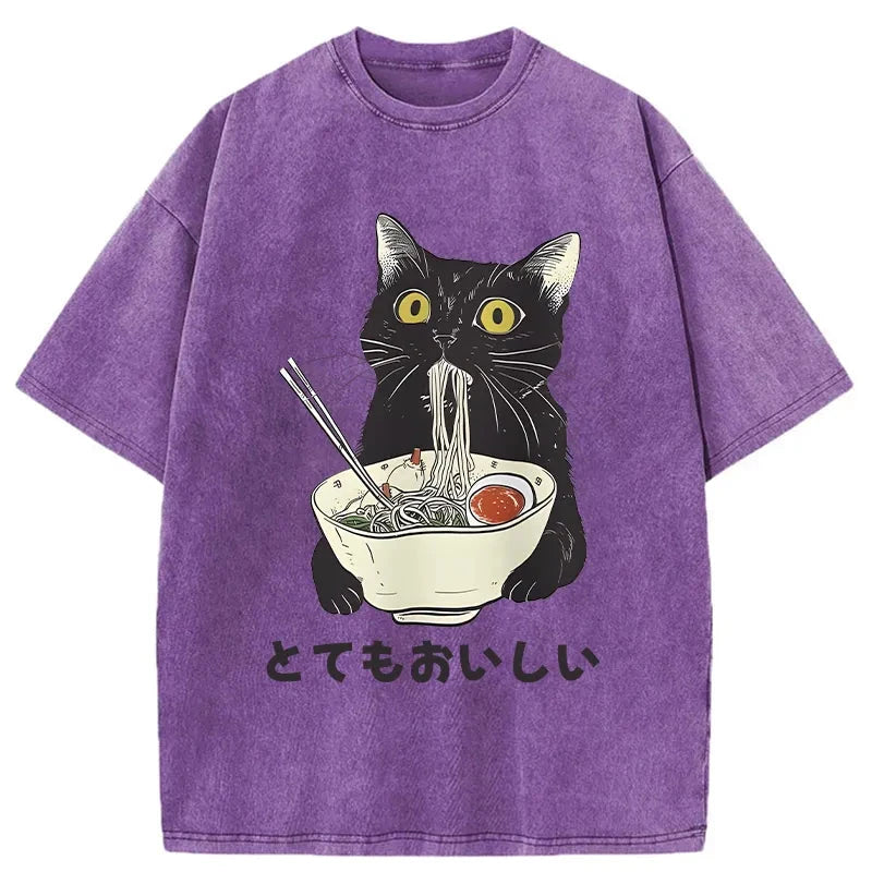 Cats Eat Ramen Noodles Washed T-Shirt