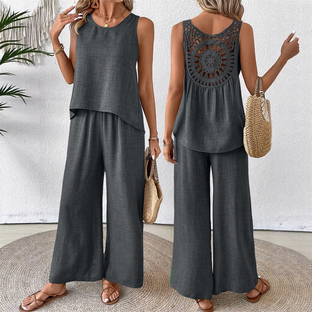 Women’s Summer Crochet Back Two-Piece Set – Relaxed Sleeveless Outfit
