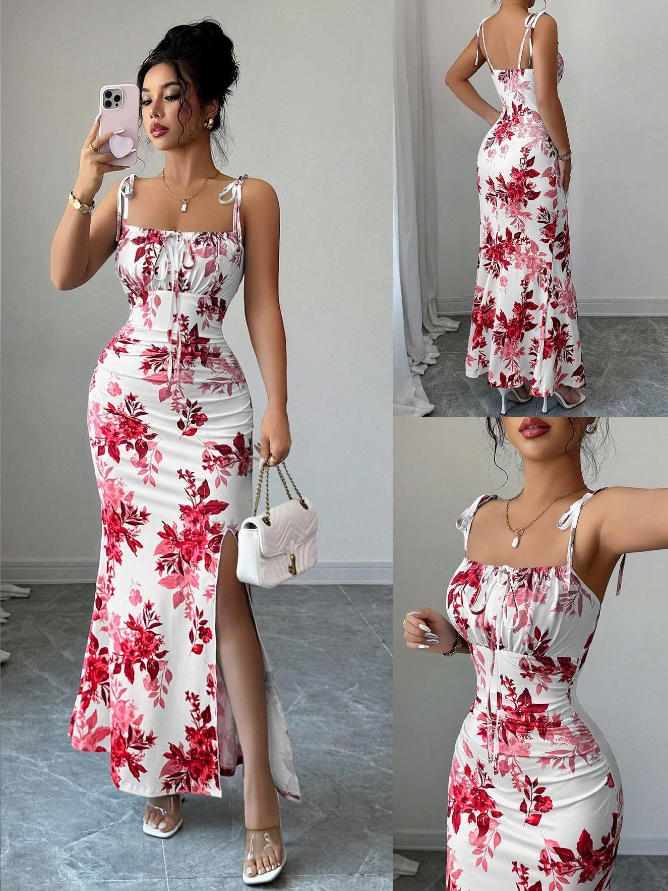 New Women's Fine Strap Bow Waist Ruched Hem Slit Design Dress, Casual Fitted Party Daily Wear, Tall Slimming Elegant Dress
