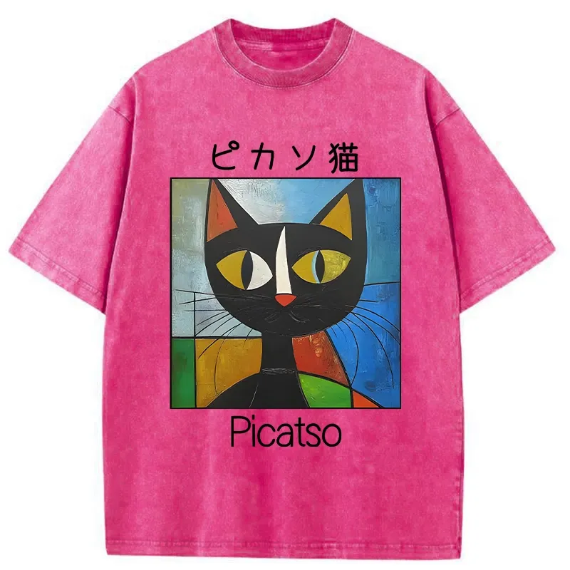 Funny Picasso Cat Washed T-Shirt