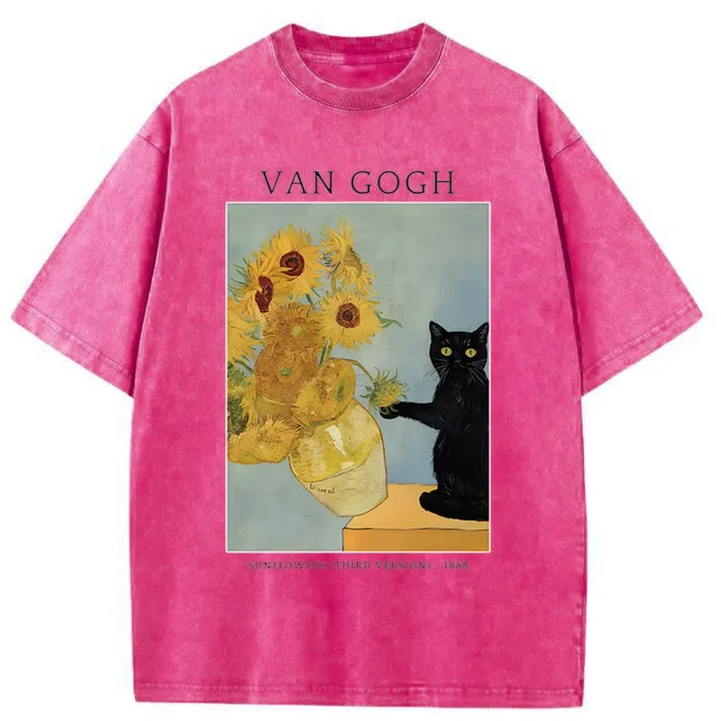 Black Cat With Sunflowers Washed T-Shirt