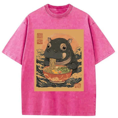 Moo Deng Eat Ramen Washed T-Shirt
