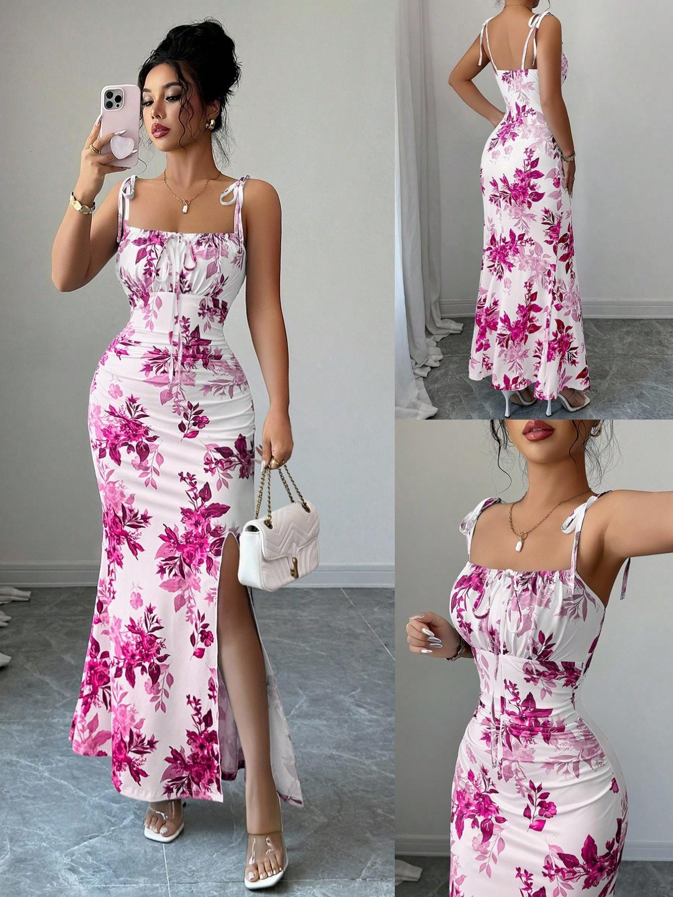 New Women's Fine Strap Bow Waist Ruched Hem Slit Design Dress, Casual Fitted Party Daily Wear, Tall Slimming Elegant Dress
