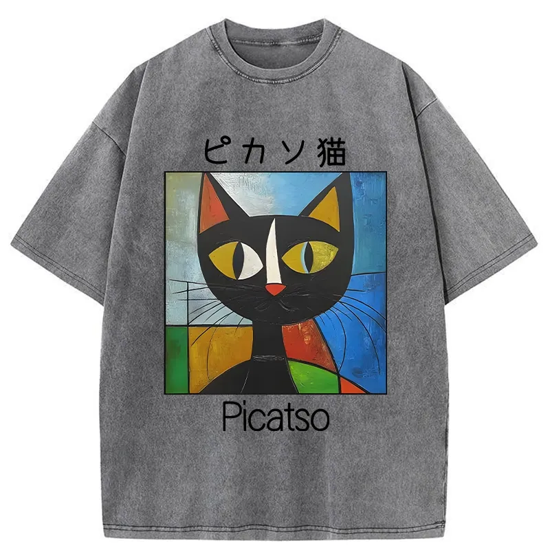 Funny Picasso Cat Washed T-Shirt