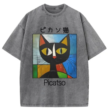 Funny Picasso Cat Washed T-Shirt