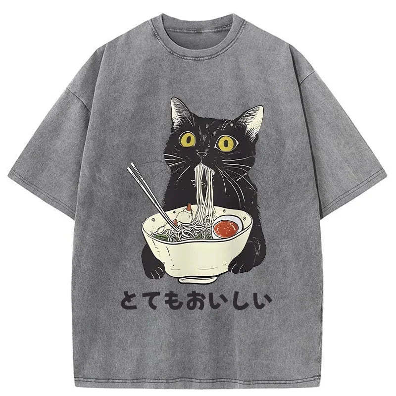 Cats Eat Ramen Noodles Washed T-Shirt