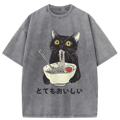 Cats Eat Ramen Noodles Washed T-Shirt