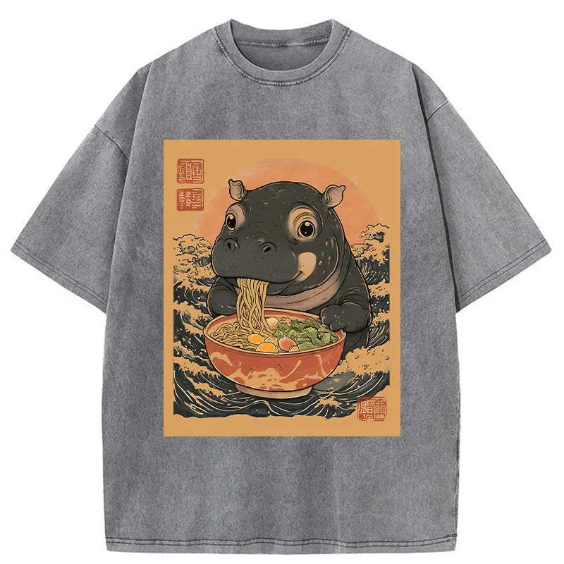 Moo Deng Eat Ramen Washed T-Shirt