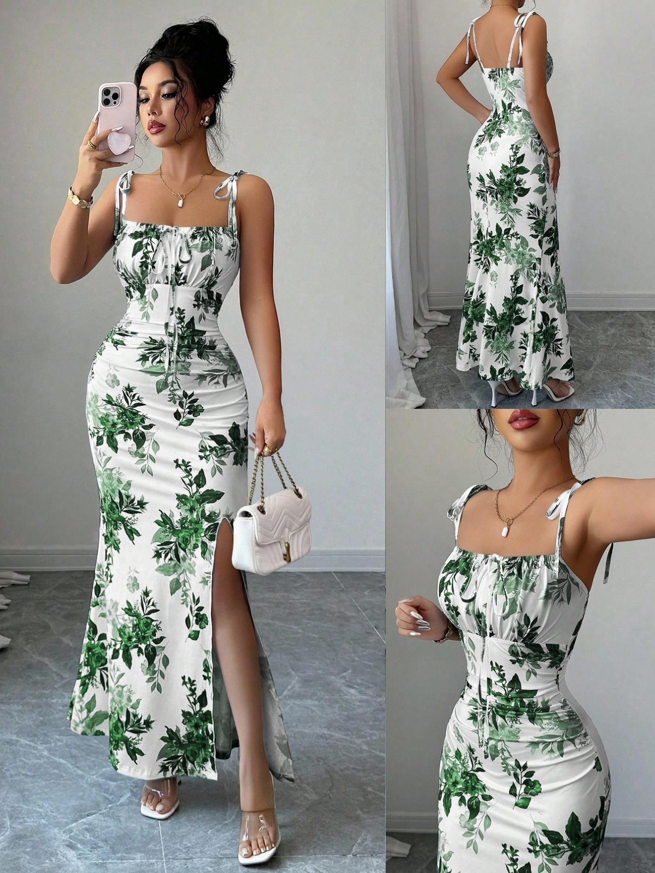 New Women's Fine Strap Bow Waist Ruched Hem Slit Design Dress, Casual Fitted Party Daily Wear, Tall Slimming Elegant Dress