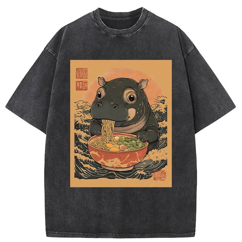 Moo Deng Eat Ramen Washed T-Shirt