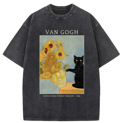 Black Cat With Sunflowers Washed T-Shirt