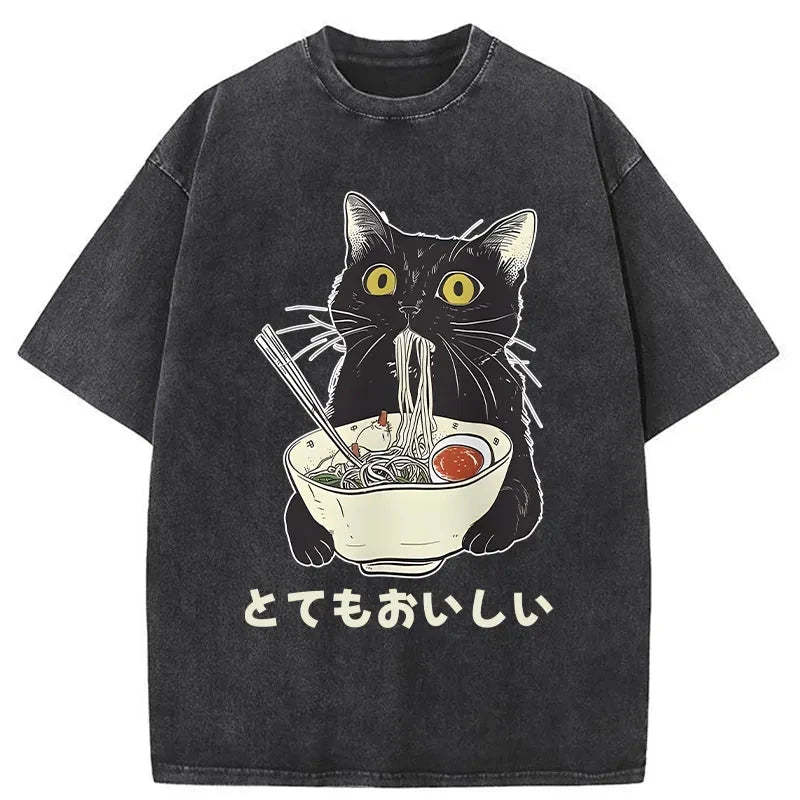 Cats Eat Ramen Noodles Washed T-Shirt