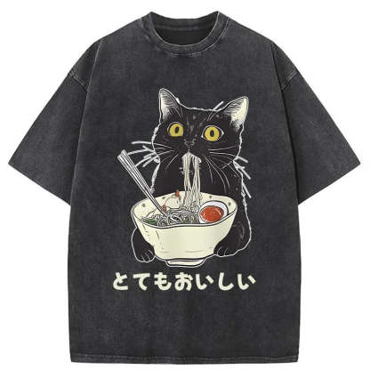 Cats Eat Ramen Noodles Washed T-Shirt