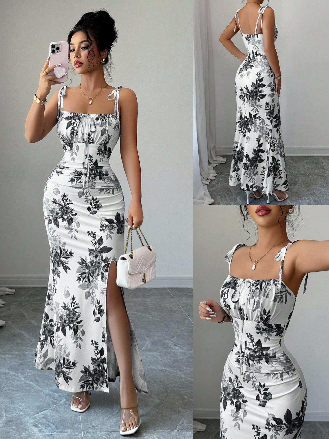 New Women's Fine Strap Bow Waist Ruched Hem Slit Design Dress, Casual Fitted Party Daily Wear, Tall Slimming Elegant Dress