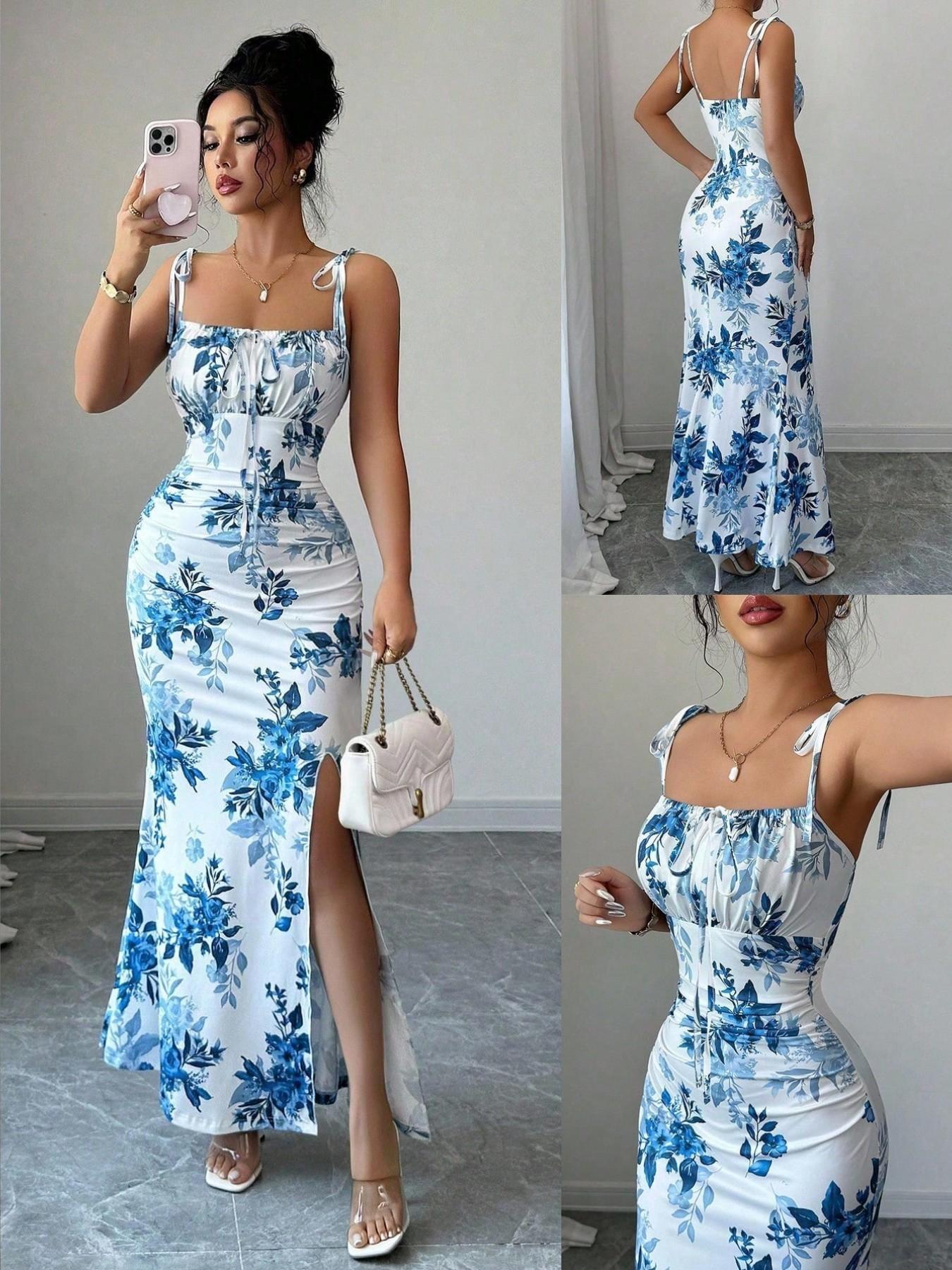 New Women's Fine Strap Bow Waist Ruched Hem Slit Design Dress, Casual Fitted Party Daily Wear, Tall Slimming Elegant Dress