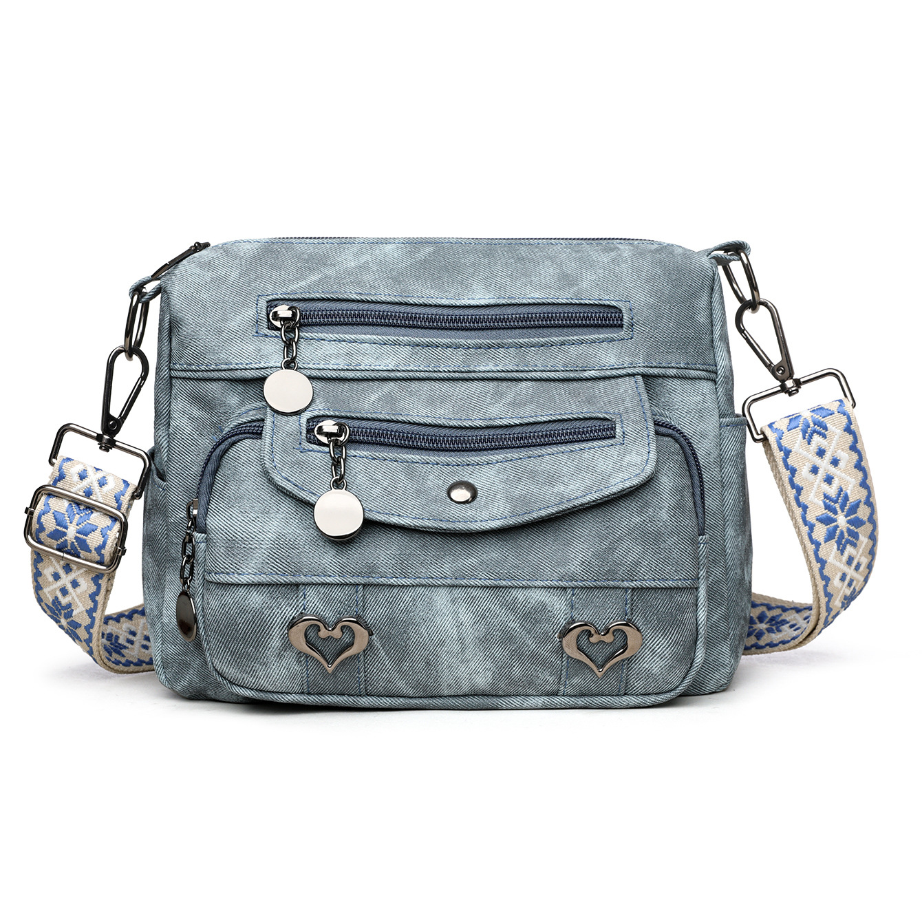 Women’s Denim Textured Crossbody Bag – Multi-Zip Everyday Shoulder Purse