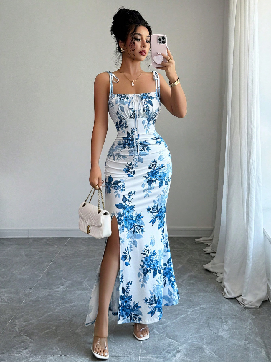 Elegant Floral Slit Maxi Dress – Slimming Fit