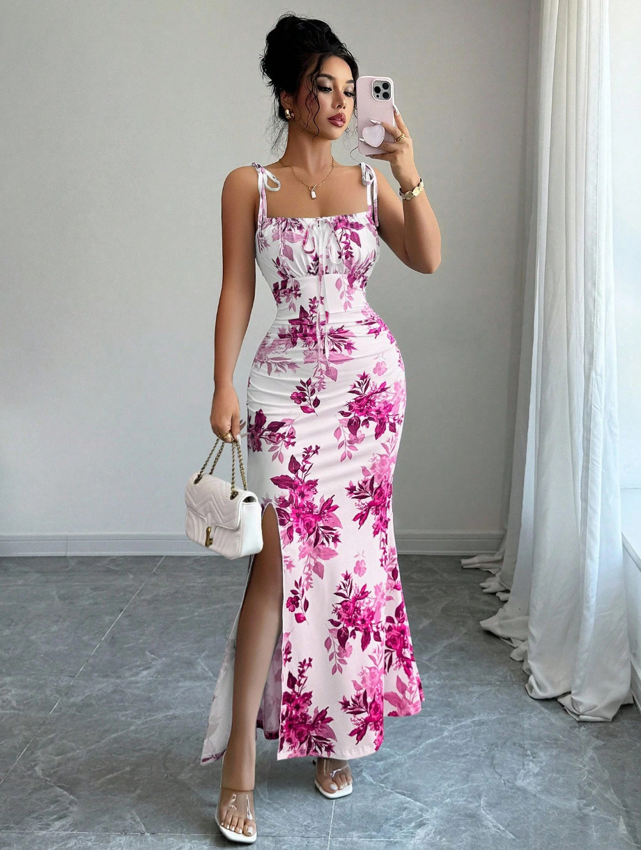 Elegant Floral Slit Maxi Dress – Slimming Fit