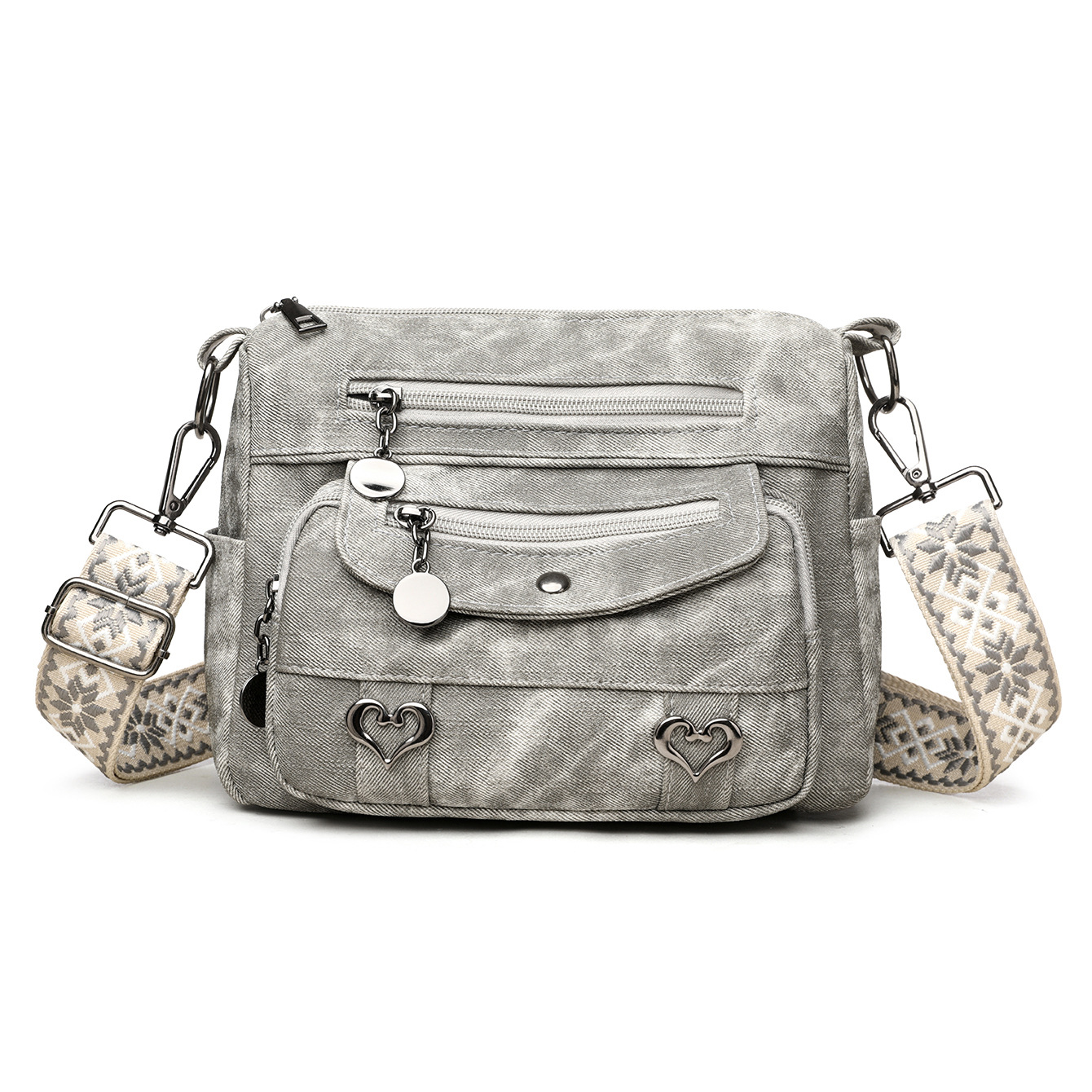 Women’s Denim Textured Crossbody Bag – Multi-Zip Everyday Shoulder Purse