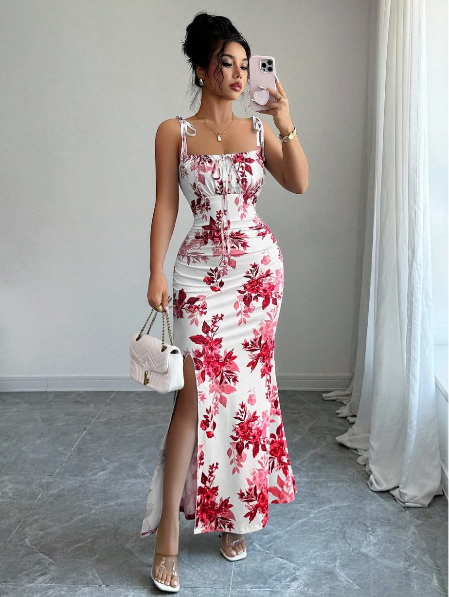 Elegant Floral Slit Maxi Dress – Slimming Fit