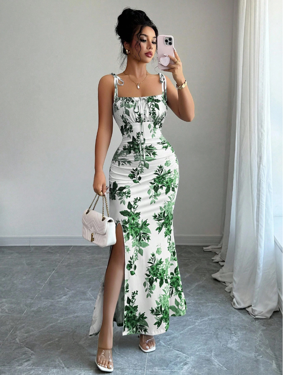 Elegant Floral Slit Maxi Dress – Slimming Fit