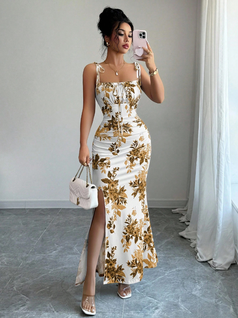 Elegant Floral Slit Maxi Dress – Slimming Fit
