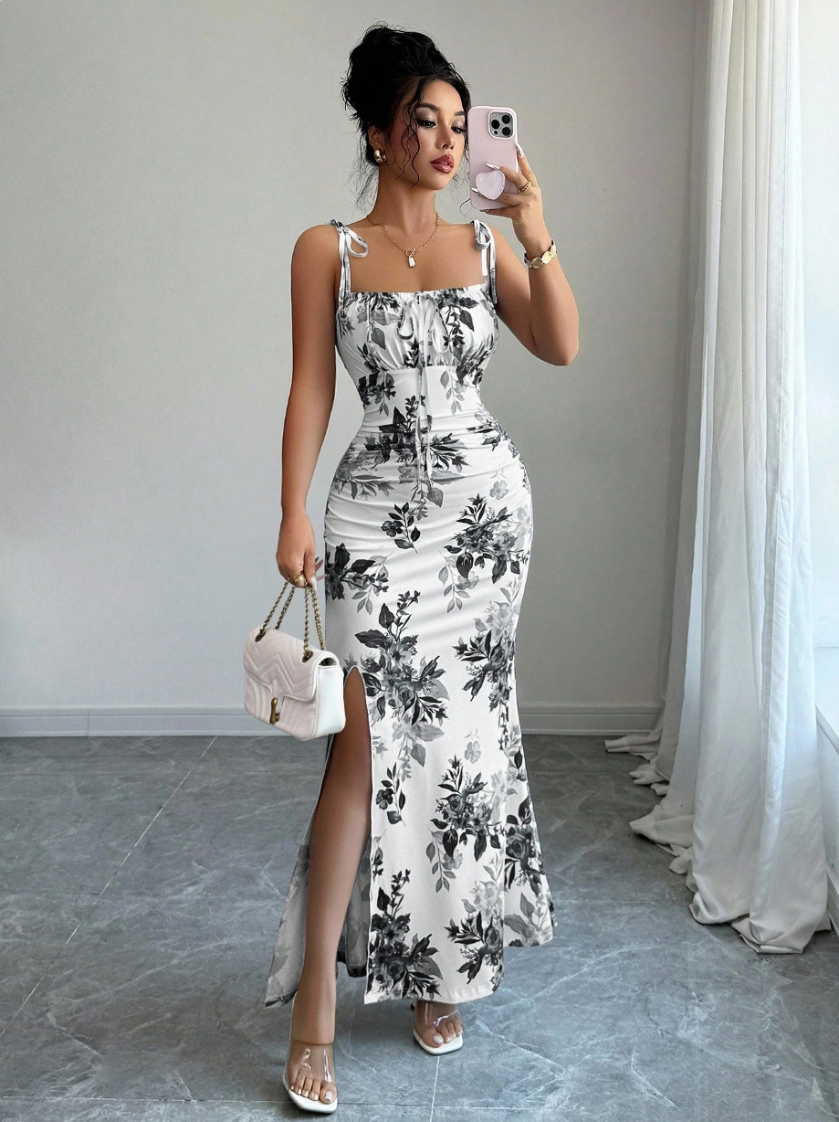 Elegant Floral Slit Maxi Dress – Slimming Fit