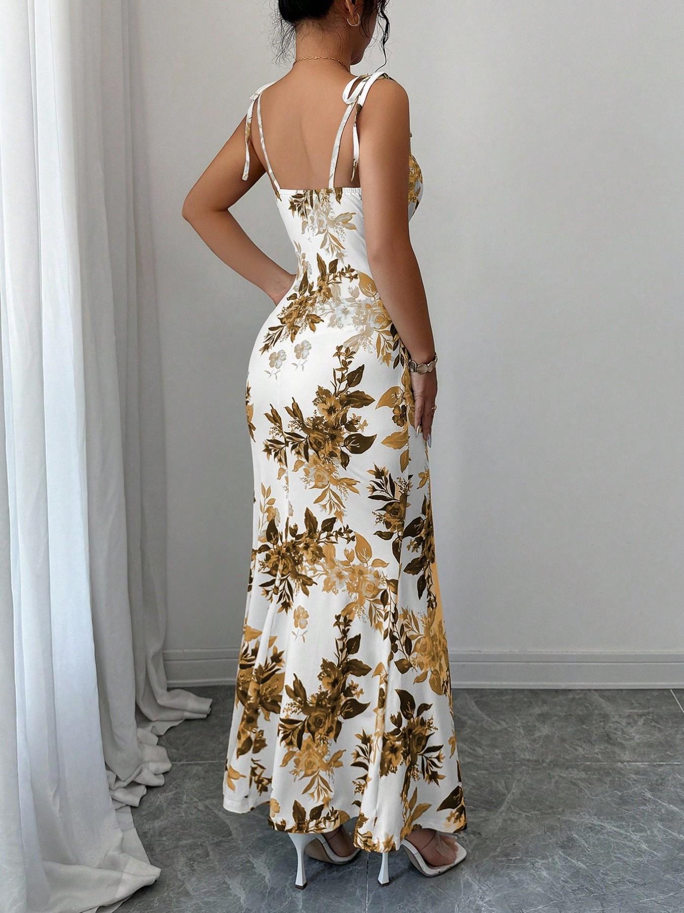 New Women's Fine Strap Bow Waist Ruched Hem Slit Design Dress, Casual Fitted Party Daily Wear, Tall Slimming Elegant Dress