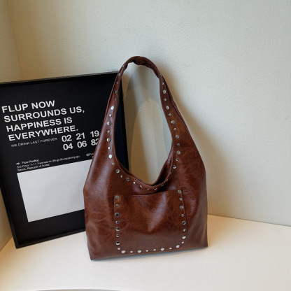 Women's Studded Vintage Leather Tote Bag – Large Capacity Shoulder Handbag