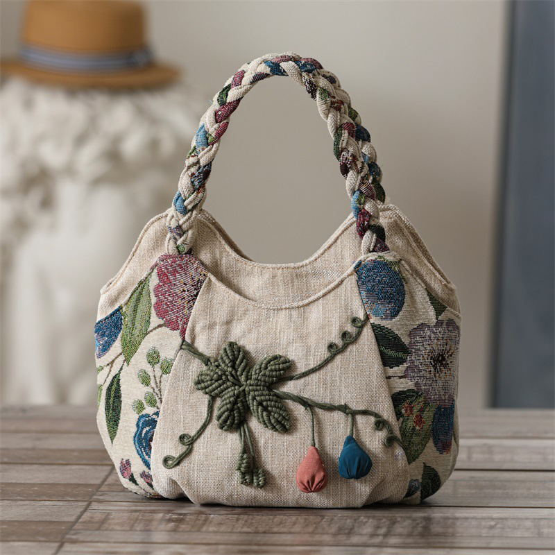 Handwoven Boho Floral Tote Bag – Foldable Vacation Handbag for Women