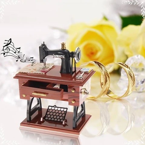Wood Mini Sewing Machine Music Box 