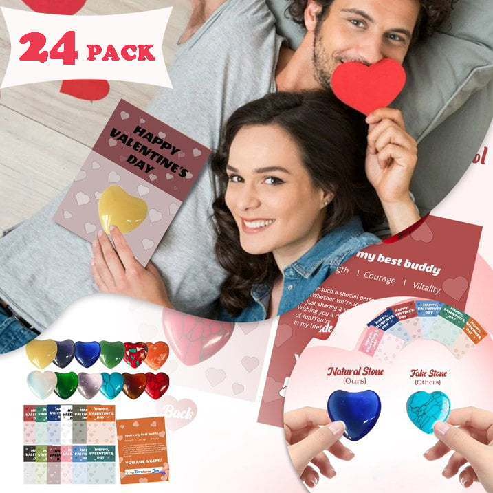 Valentine's Day Gem Gifts for Kids&Adults – 24 Pack Prefilled Cards with Heart-Shaped Gemstones