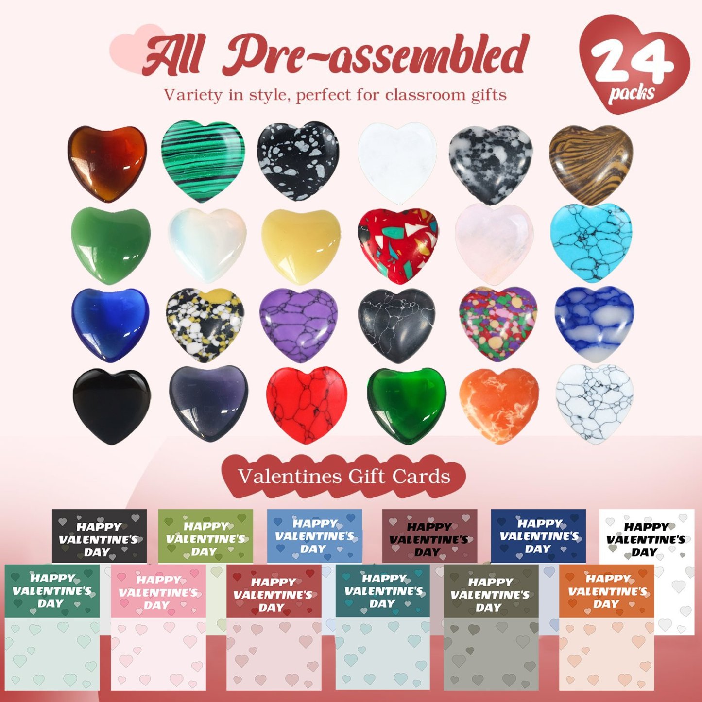 Valentine's Day Gem Gifts for Kids&Adults – 24 Pack Prefilled Cards with Heart-Shaped Gemstones