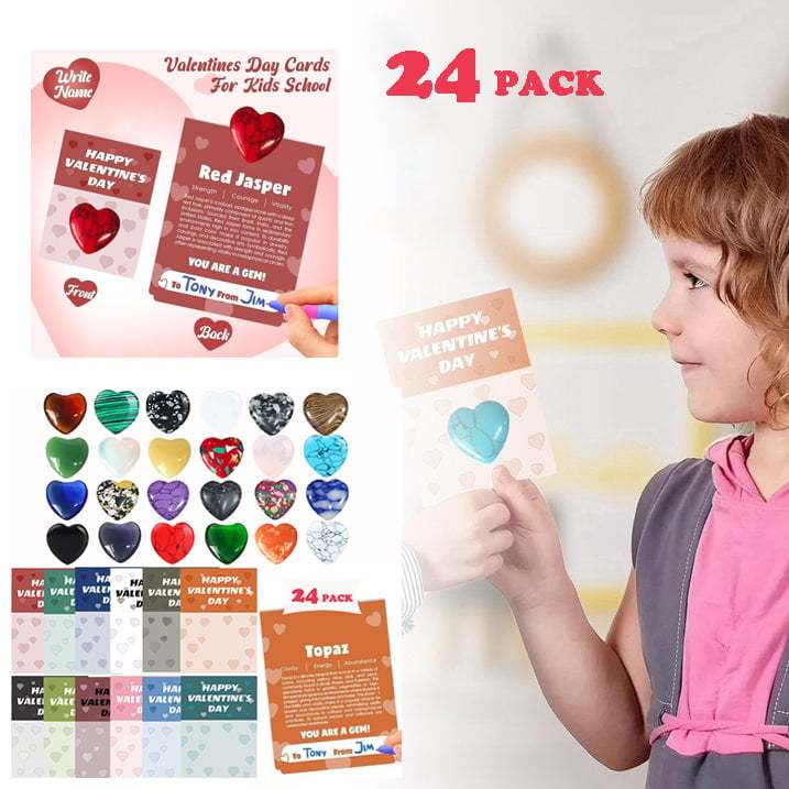 Valentine's Day Gem Gifts for Kids&Adults – 24 Pack Prefilled Cards with Heart-Shaped Gemstones