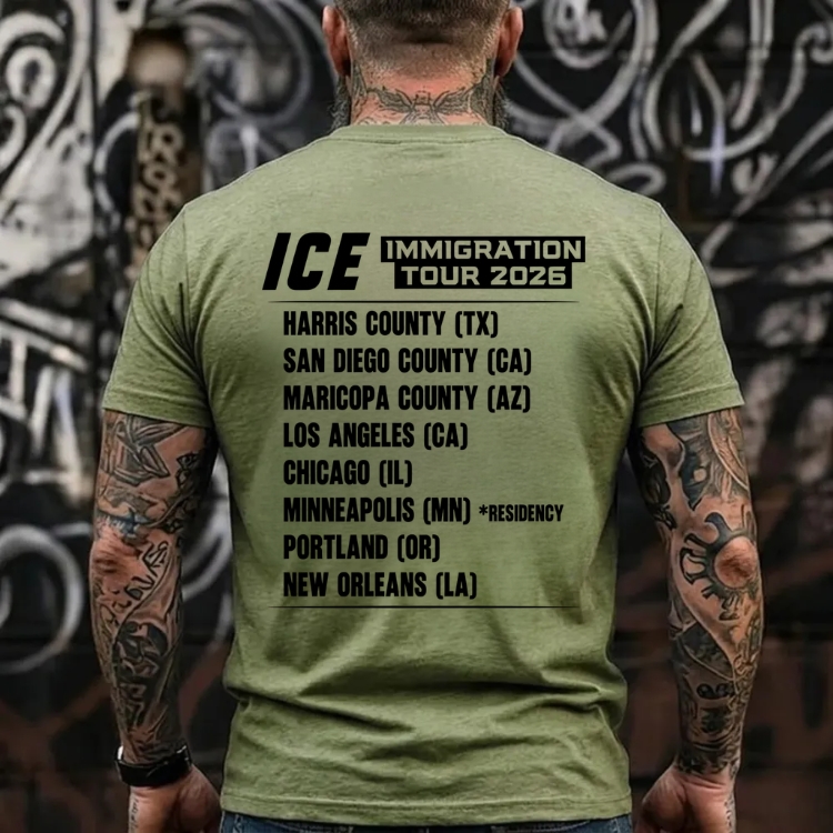 Ice Immigration Tour 2026 T-Shirt, Featuring Harris County San Diego Maricopa Los Angeles Chicago Minneapolis Portland New Orleans, Patriotic Political Humor Tee