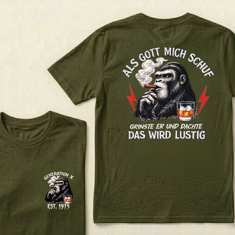 Custom EST.Year Als Gott Mich Schuf Grinste Er Und Dachte Das Wird Lustig Generation X Gorilla Smoking Cigar Whiskey Glass Graphic T-Shirt