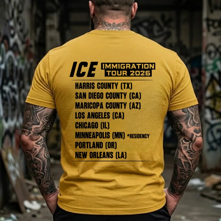 Ice Immigration Tour 2026 T-Shirt, Featuring Harris County San Diego Maricopa Los Angeles Chicago Minneapolis Portland New Orleans, Patriotic Political Humor Tee