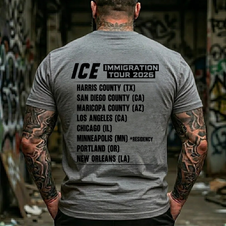 Ice Immigration Tour 2026 T-Shirt, Featuring Harris County San Diego Maricopa Los Angeles Chicago Minneapolis Portland New Orleans, Patriotic Political Humor Tee