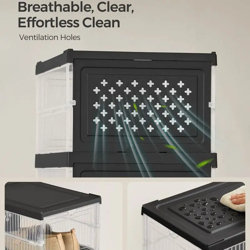 SONGMICS HOME Collapsible Shoe Boxes - Foldable Stackable Portable Organizer for US Size 13 Transparent PP Plastic Racks