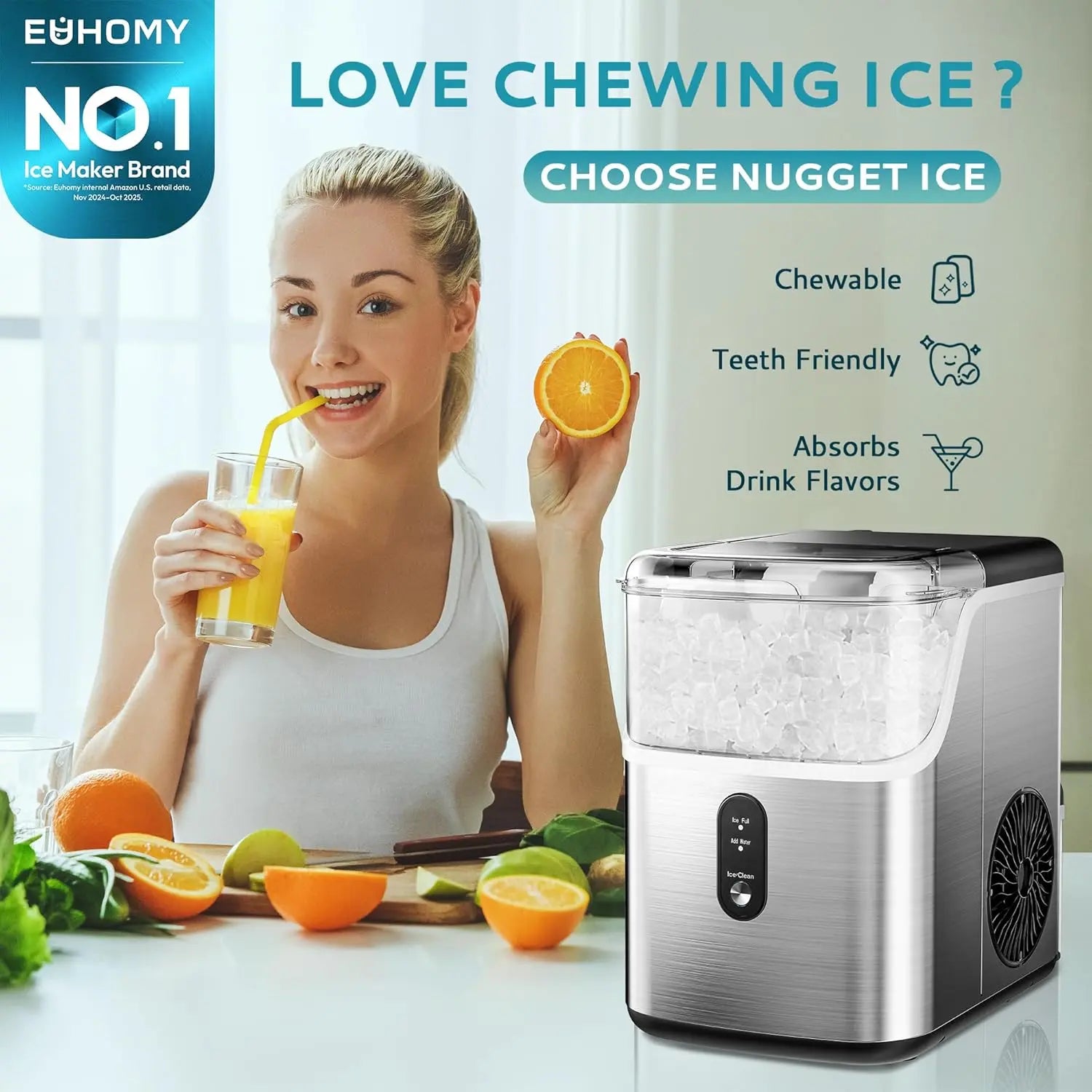 EUHOMY Nugget Ice Makers Countertop, Pebble Ice Maker Machine with 35lbs/24H&33lbs/24H Soft Ice, Self-Cleaning Sonic Ice Maker with Ice Scoop&Basket,  Utensils, Pellet Ice Maker for Home/Kitchen/Office
