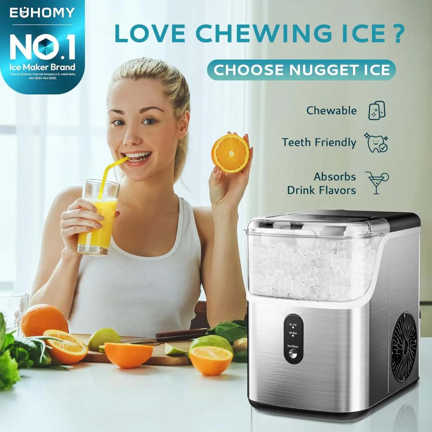 EUHOMY Nugget Ice Makers Countertop, Pebble Ice Maker Machine with 35lbs/24H&33lbs/24H Soft Ice, Self-Cleaning Sonic Ice Maker with Ice Scoop&Basket,  Utensils, Pellet Ice Maker for Home/Kitchen/Office