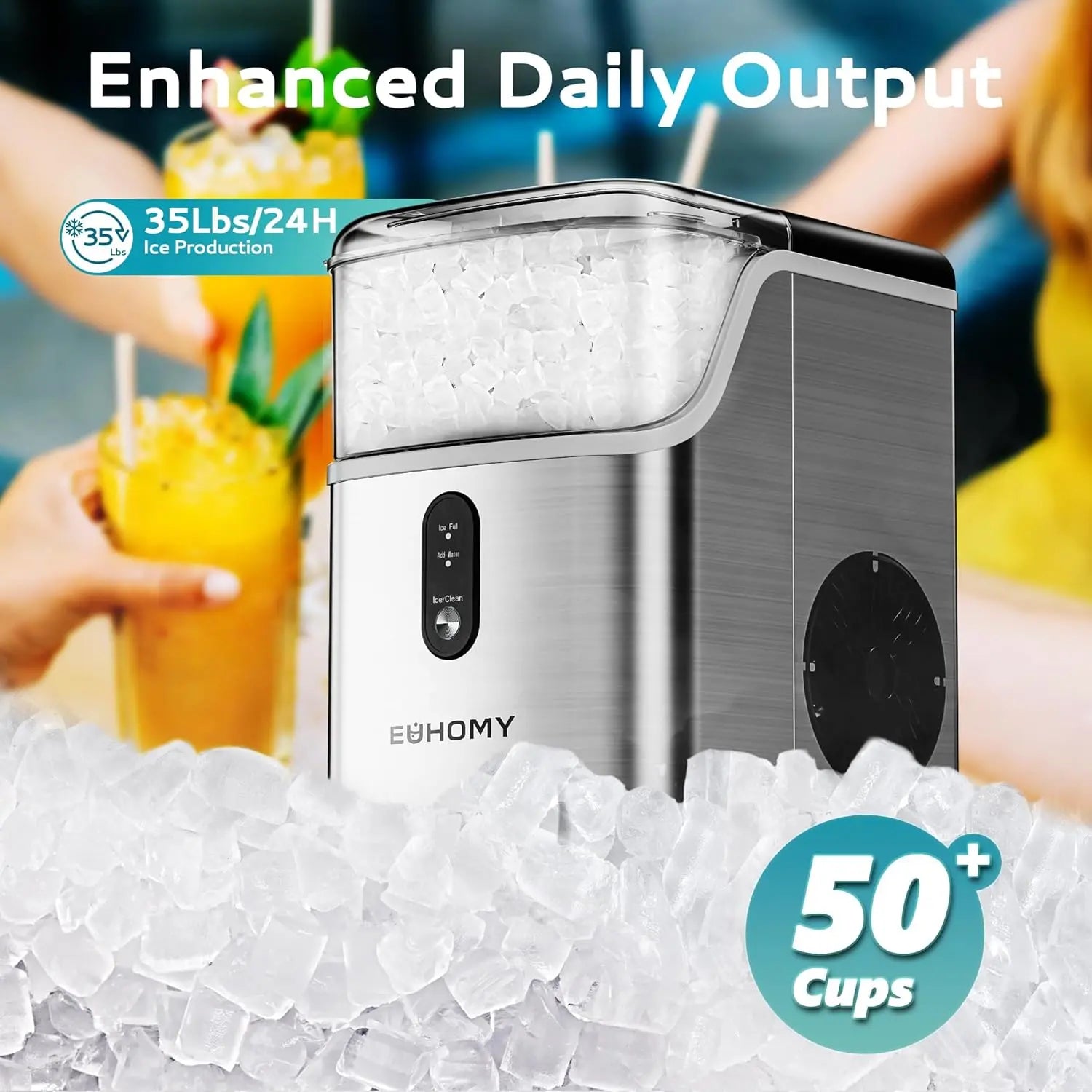 EUHOMY Nugget Ice Makers Countertop, Pebble Ice Maker Machine with 35lbs/24H&33lbs/24H Soft Ice, Self-Cleaning Sonic Ice Maker with Ice Scoop&Basket,  Utensils, Pellet Ice Maker for Home/Kitchen/Office