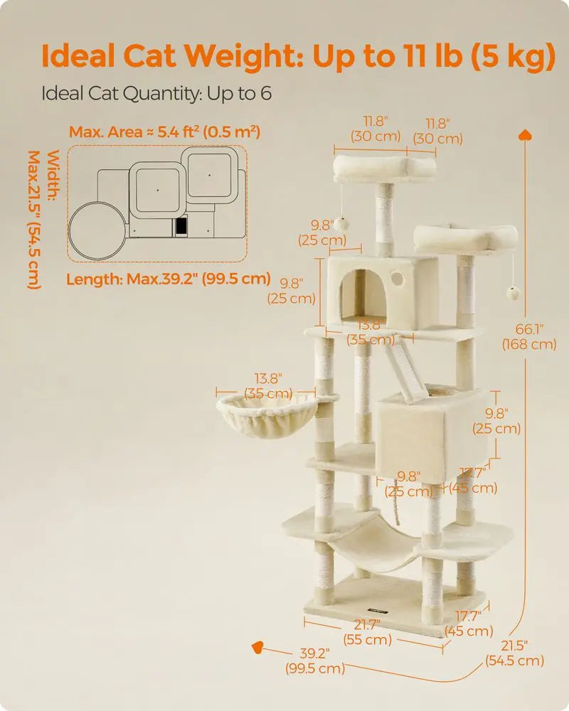 FEANDREA 66.1" Tall Large Multi-Level Cat Tree with 13 Scratching Posts