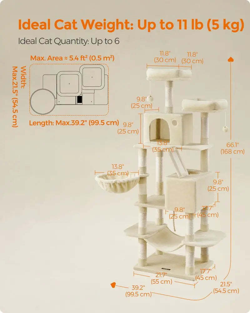 FEANDREA 66.1" Tall Large Multi-Level Cat Tree with 13 Scratching Posts