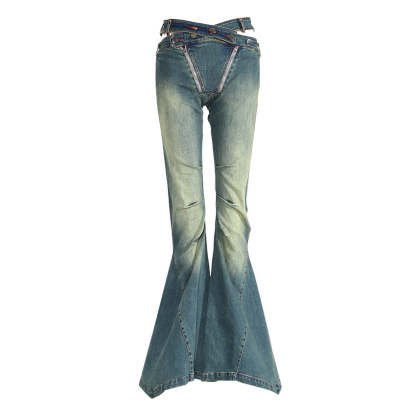 Slim Fit Hollow High Waist Pleated Placket Hot Girl Denim Bell-bottom Pants