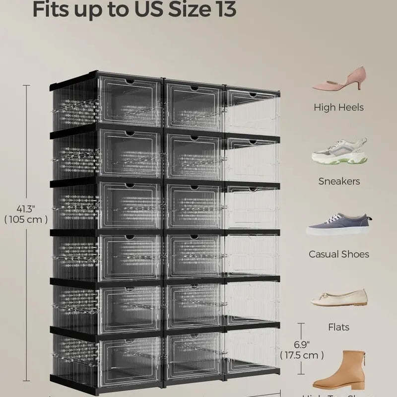 SONGMICS HOME Collapsible Shoe Boxes - Foldable Stackable Portable Organizer for US Size 13 Transparent PP Plastic Racks