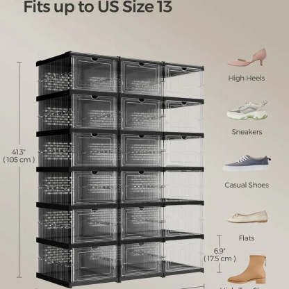 SONGMICS HOME Collapsible Shoe Boxes - Foldable Stackable Portable Organizer for US Size 13 Transparent PP Plastic Racks